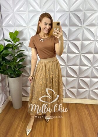 Saia Tule Flor Marina - Marrom - Milla Chic