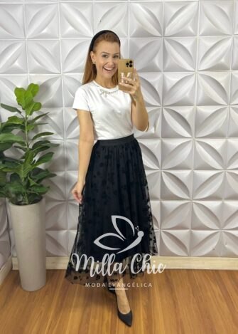 Saia Tule Flor Marina - Preta - Milla Chic