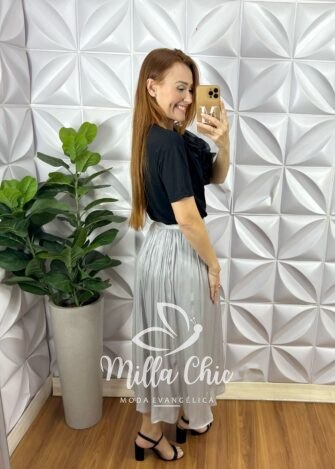 Saia Turquia Em Chiffon Acetinado - Cinza - Milla Chic