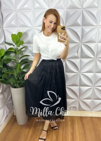 Saia Turquia Em Chiffon Acetinado - Preta - Milla Chic
