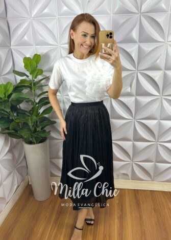 Saia Turquia Em Chiffon Acetinado - Preta - Milla Chic