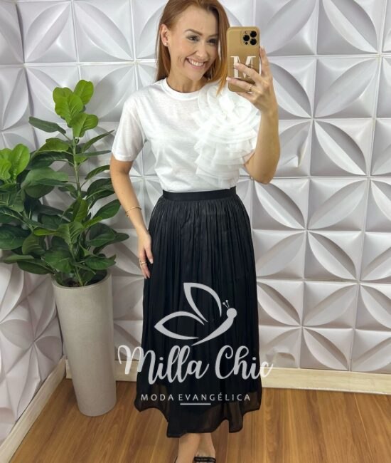 Saia Turquia Em Chiffon Acetinado - Preta - Milla Chic