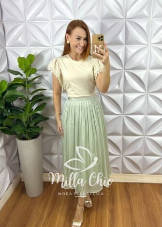 Saia Turquia Em Chiffon Acetinado - Verde - Milla Chic