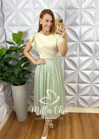 Saia Turquia Em Chiffon Acetinado - Verde - Milla Chic