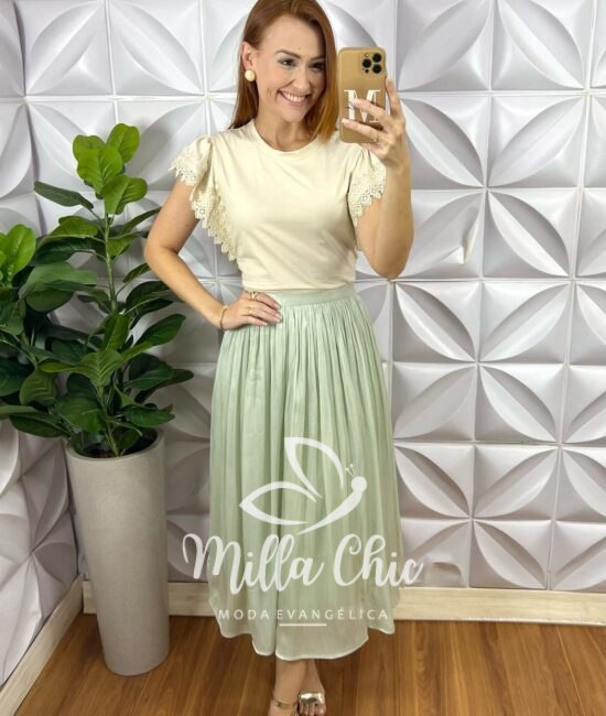 Saia Turquia Em Chiffon Acetinado - Verde - Milla Chic