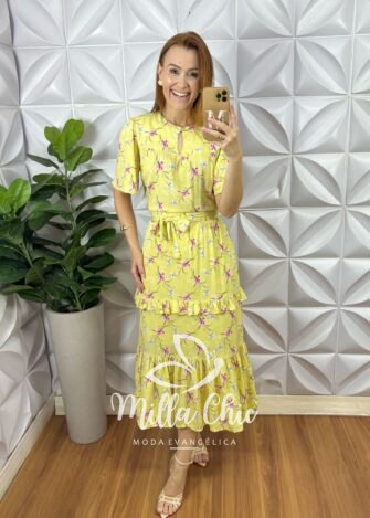 Vestido Copacabana Viscose Com Foil - Amarelo - Milla Chic