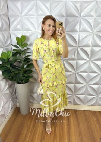 Vestido Copacabana Viscose Com Foil - Amarelo - Milla Chic