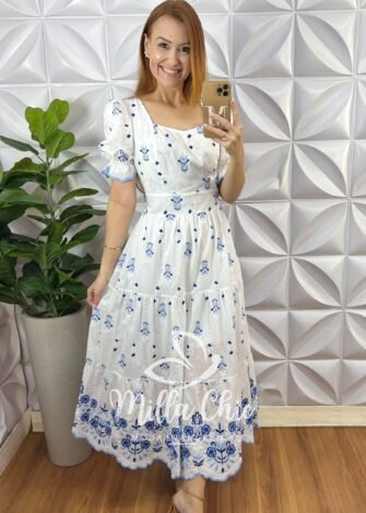 Vestido Elsa Lesie Bordada - Branco e Azul - Milla Chic