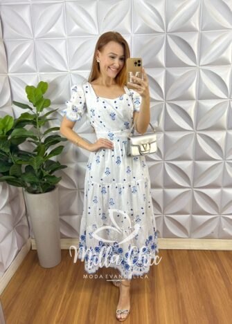 Vestido Elsa Lesie Bordada - Branco e Azul - Milla Chic