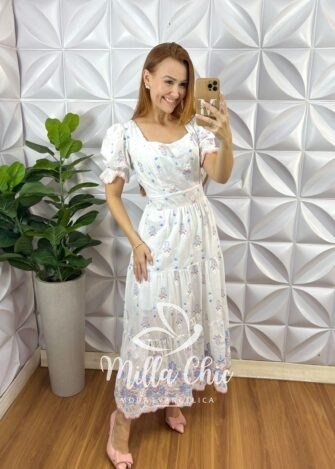 Vestido Elsa Lesie Bordada - Rosa e Azul - Milla Chic