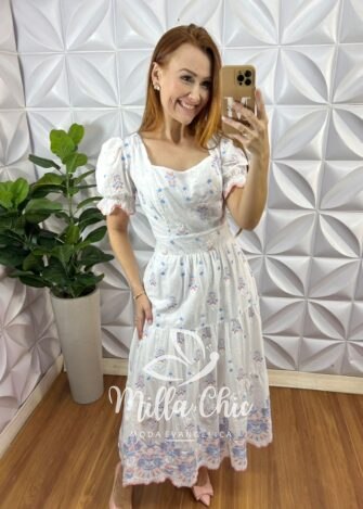 Vestido Elsa Lesie Bordada - Rosa e Azul - Milla Chic