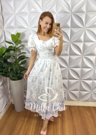 Vestido Elsa Lesie Bordada - Rosa e Azul - Milla Chic