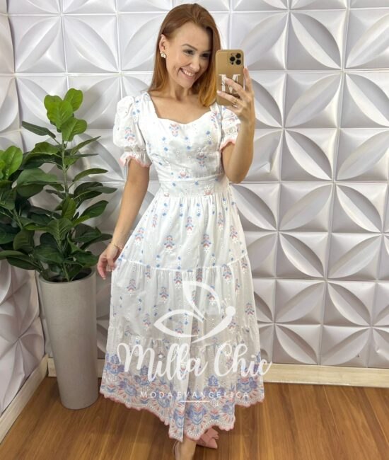 Vestido Elsa Lesie Bordada - Rosa e Azul - Milla Chic