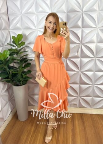 Vestido Em Chiffon Theodora - Pêssego - Milla Chic