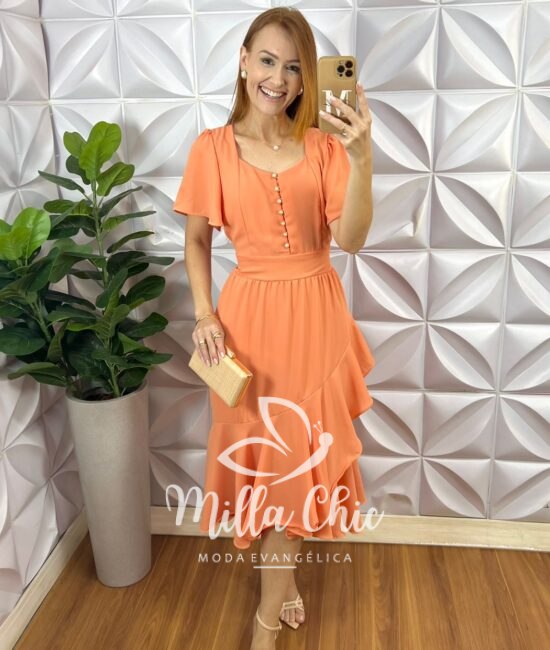 Vestido Em Chiffon Theodora - Pêssego - Milla Chic