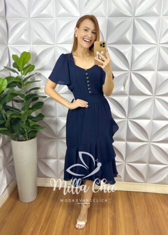 Vestido Em Chiffon Theodora - Azul Marinho - Milla Chic