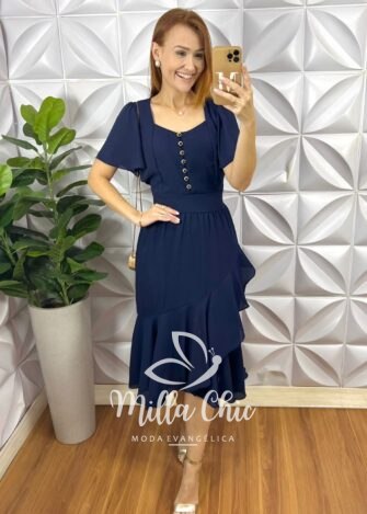 Vestido Em Chiffon Theodora - Azul Marinho - Milla Chic