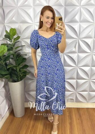 Vestido Florence Em Viscolinho Estampado - Azul - Milla Chic