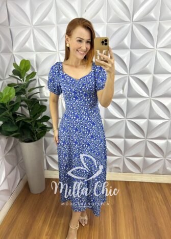 Vestido Florence Em Viscolinho Estampado - Azul - Milla Chic