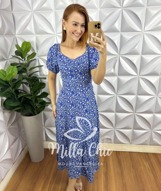 Vestido Florence Em Viscolinho Estampado - Azul - Milla Chic