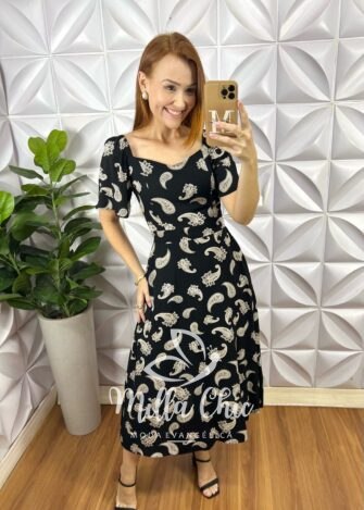 Vestido Geórgia Viscolinho Estampado - Preto - Milla Chic