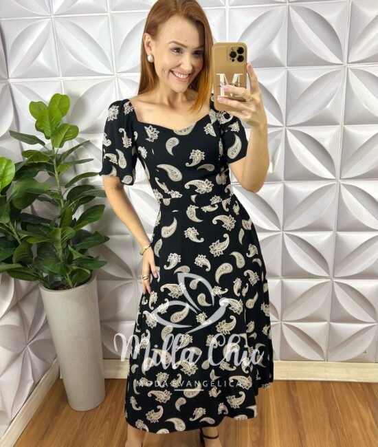 Vestido Geórgia Viscolinho Estampado - Preto - Milla Chic