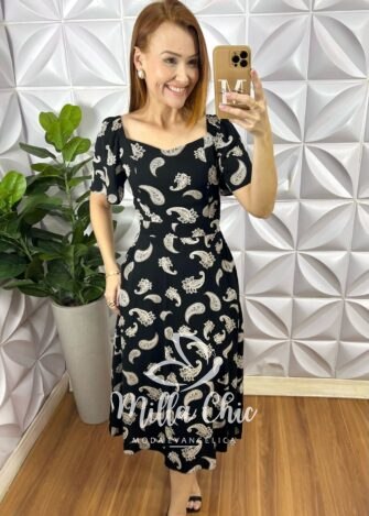Vestido Geórgia Viscolinho Estampado - Preto - Milla Chic