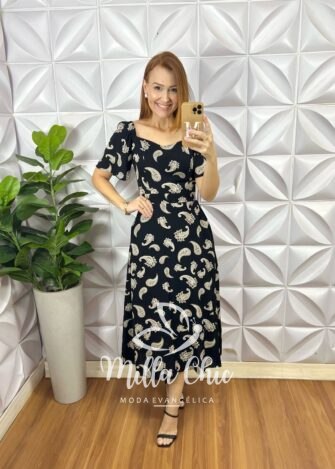 Milla Chic - millachic com br vestido georgia viscolinho estampado preto Vestido Geórgia Viscolinho Estampado - Preto - Milla Chic