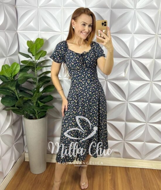 Vestido Lia Camponesa - Azul Marinho - Milla Chic