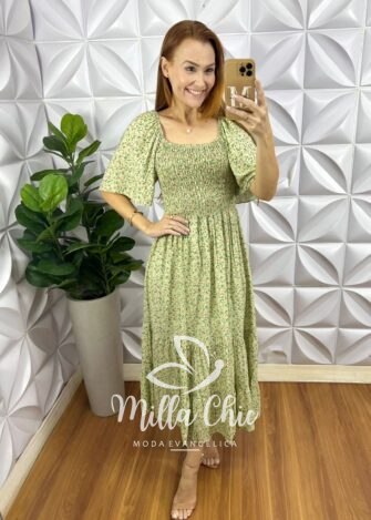 Vestido Lírio Viscolinho Estampado - Verde - Milla Chic