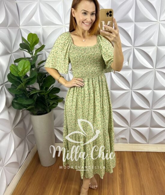 Vestido Lírio Viscolinho Estampado - Verde - Milla Chic