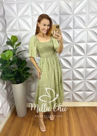 Vestido Lírio Viscolinho Estampado - Verde - Milla Chic
