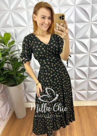 Vestido Liz Viscolinho Estampado - Preto - Milla Chic