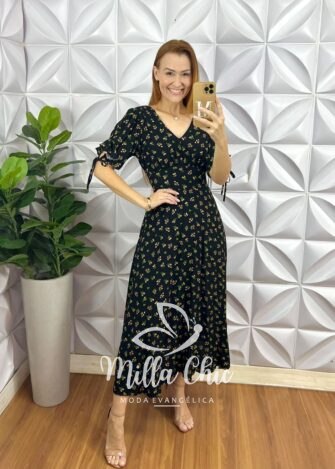 Vestido Liz Viscolinho Estampado - Preto - Milla Chic