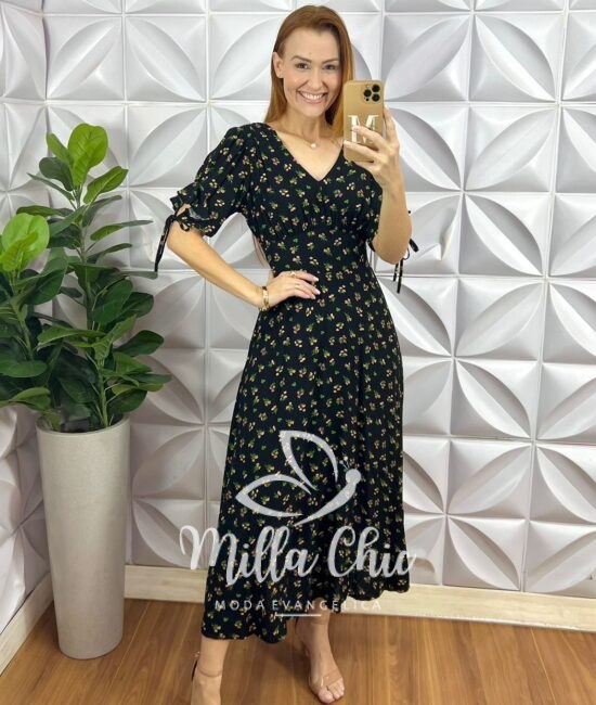 Vestido Liz Viscolinho Estampado - Preto - Milla Chic