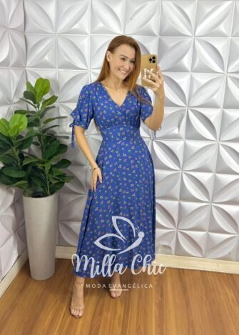 Milla Chic - millachic com br vestido liz viscolinho estampado azul 2 Vestido Liz Viscolinho Estampado - Azul - Milla Chic