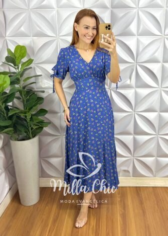 Vestido Liz Viscolinho Estampado - Azul - Milla Chic