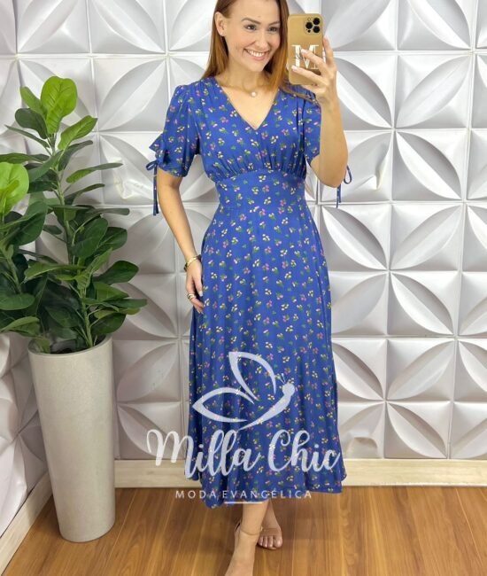 Vestido Liz Viscolinho Estampado - Azul - Milla Chic