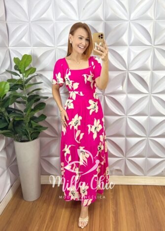 Vestido Longo Nina Em Viscolinho Estampado - Pink - Milla Chic