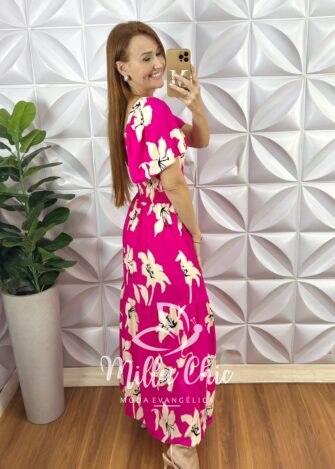 Vestido Longo Nina Em Viscolinho Estampado - Pink - Milla Chic