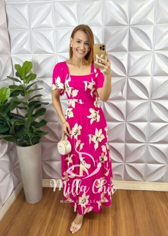 Vestido Longo Nina Em Viscolinho Estampado - Pink - Milla Chic