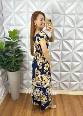 Vestido longo Ruth em Viscolinho Estampado - Azul - Milla Chic