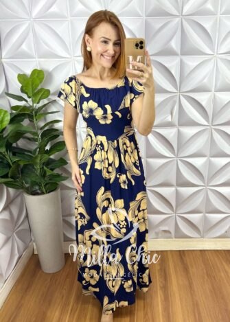 Vestido longo Ruth em Viscolinho Estampado - Azul - Milla Chic