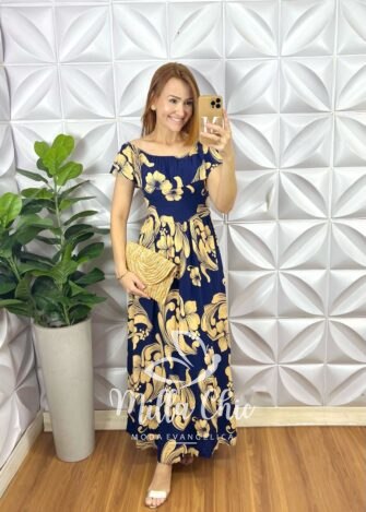 Vestido longo Ruth em Viscolinho Estampado - Azul - Milla Chic