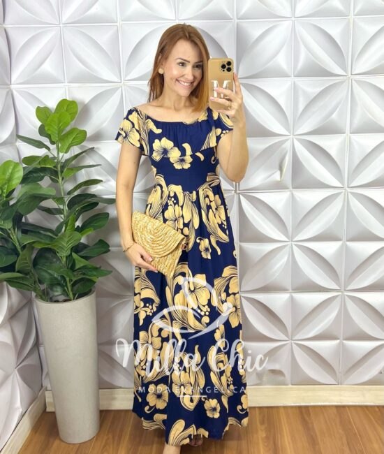 Vestido longo Ruth em Viscolinho Estampado - Azul - Milla Chic