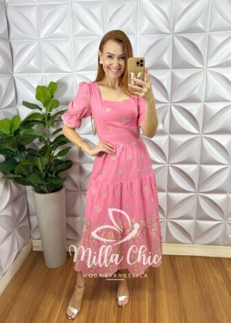 Vestido Lonice Em Lesie De Algodão Bordada - Milla Chic