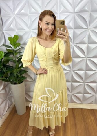 Vestido Midian Viscose Devorê - Amarelo - Milla Chic