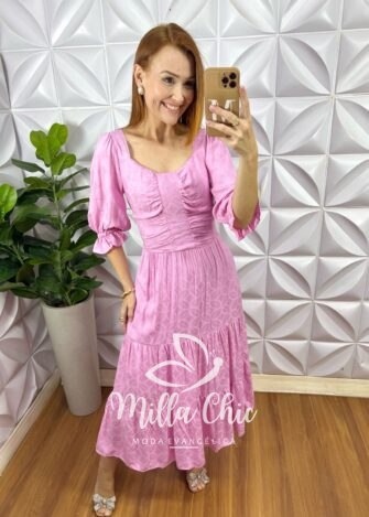 Vestido Midian Viscose Devorê - Rosa - Milla Chic