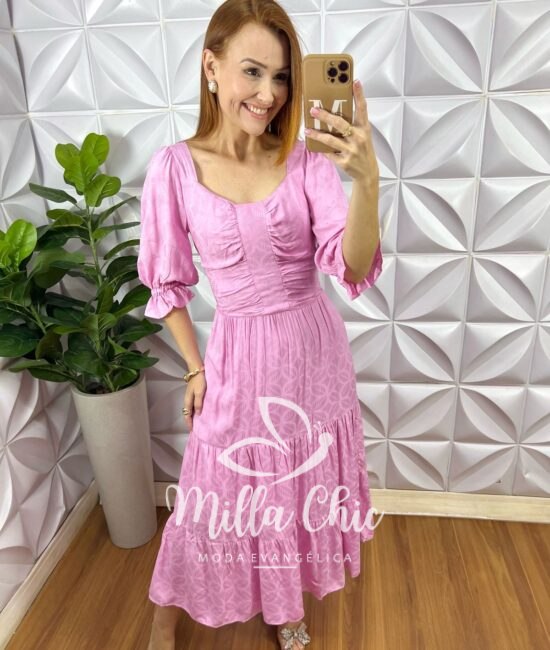 Vestido Midian Viscose Devorê - Rosa - Milla Chic