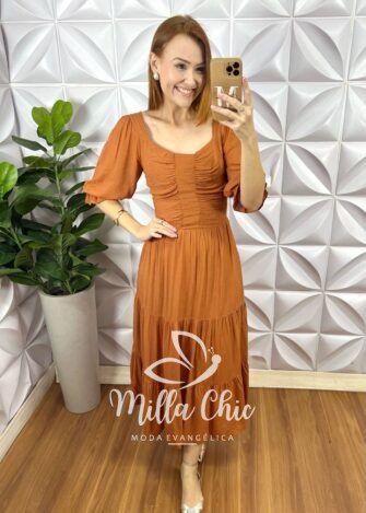 Vestido Midian Viscose Devorê - Marrom - Milla Chic